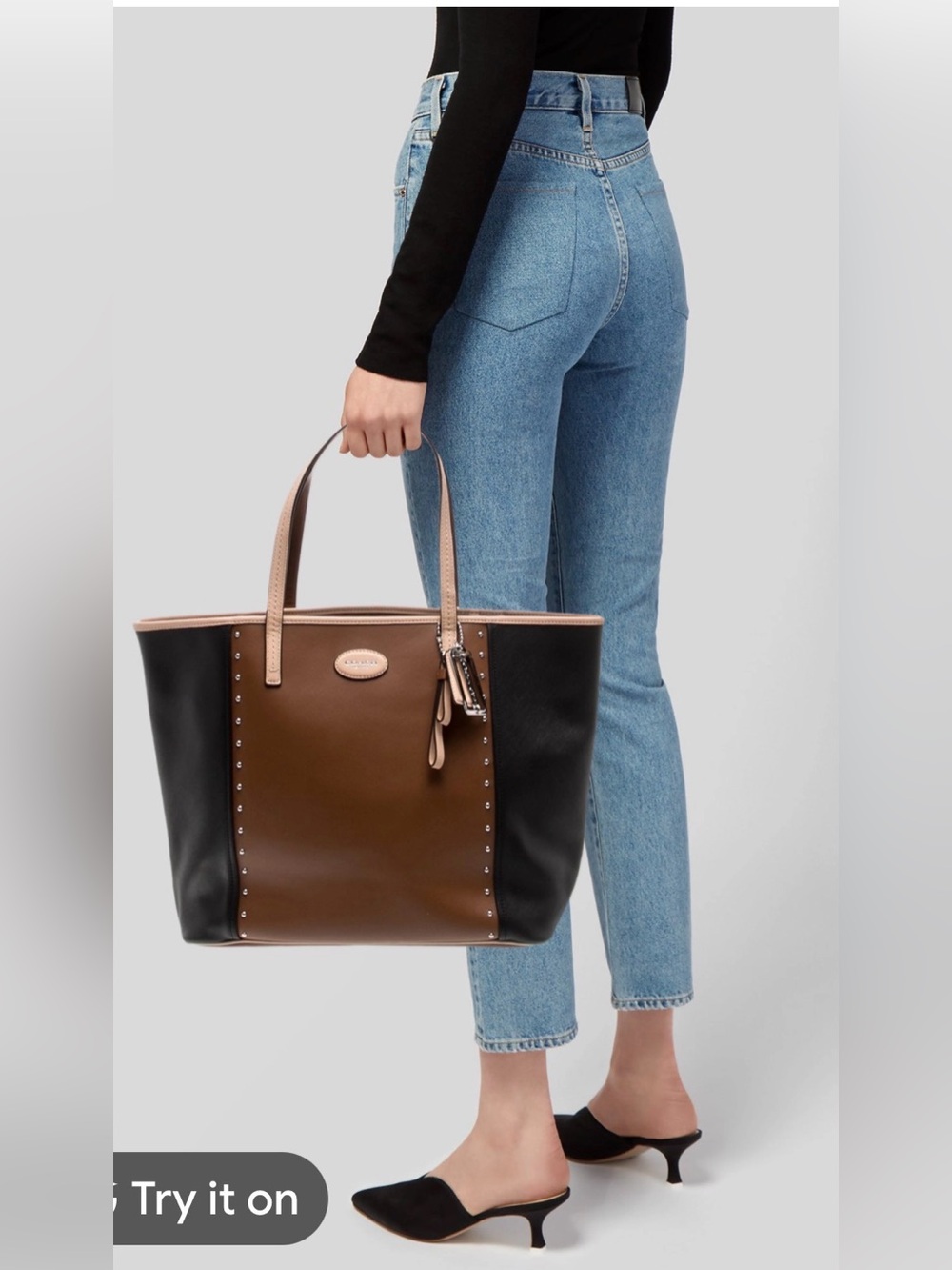 Coach Metro Colorblock Black Brown Tan Studded Leather Tote
